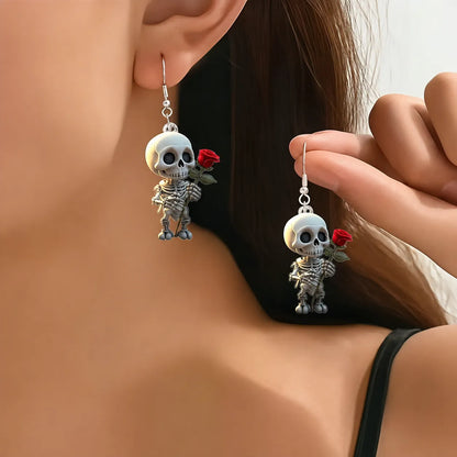 Skeleton With Red Rose Dangle Earrings