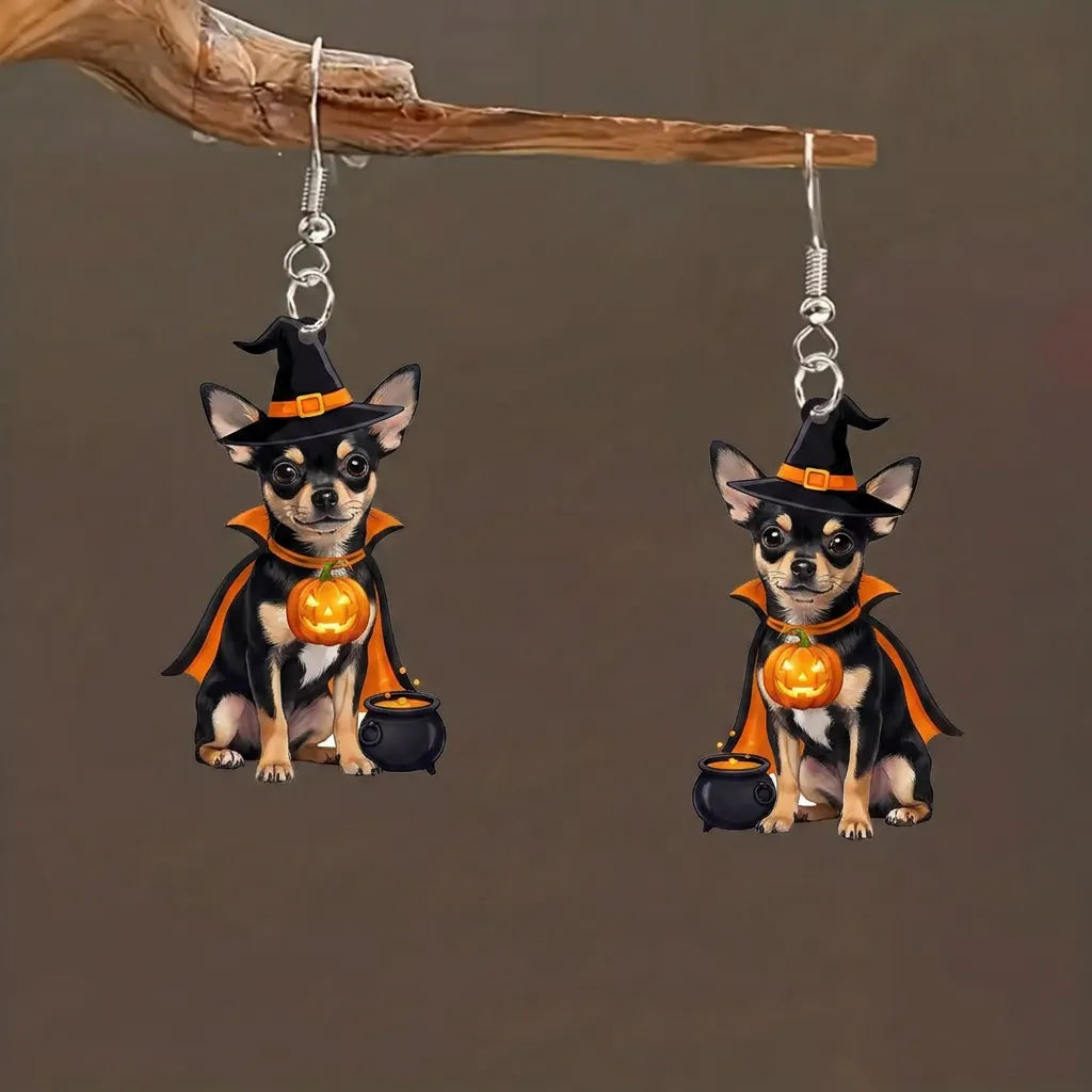 Chihuahua Witch Cape Jack O Lantern Magic Cauldron Halloween Earrings