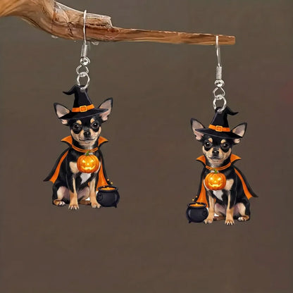 Chihuahua Witch Cape Jack O Lantern Magic Cauldron Halloween Earrings