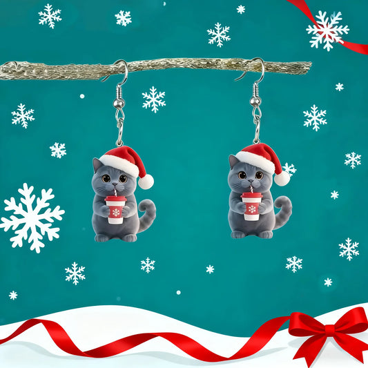 Christmas British Shorthair Blue Cat Earrings