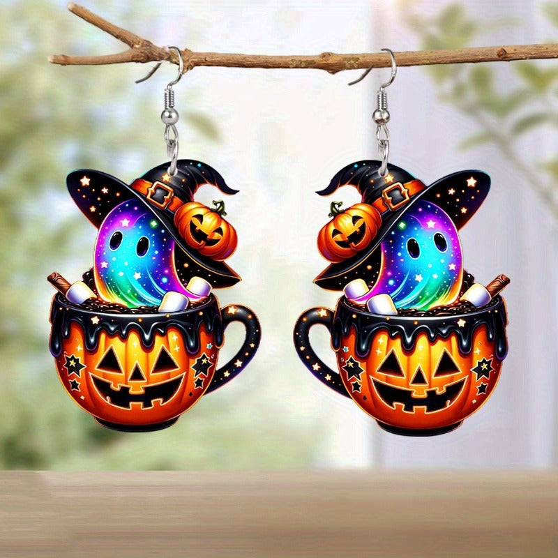 Vintage Halloween Pumpkin Cup Ghost Drop Earrings