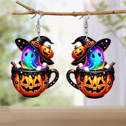 Vintage Halloween Pumpkin Cup Ghost Drop Earrings