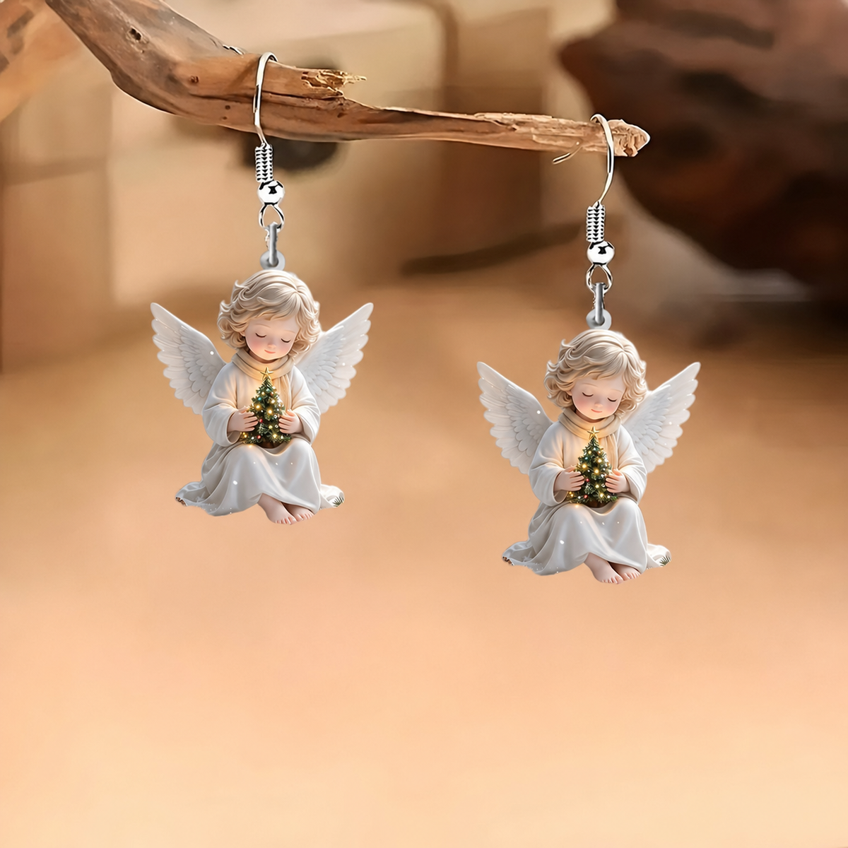 Christmas Angel Holding Tree Dangle Earrings