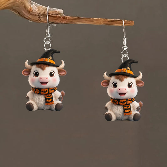 Fluffy Baby Cow Witch Hat Bat Pumpkin Print Scarf Halloween Earrings