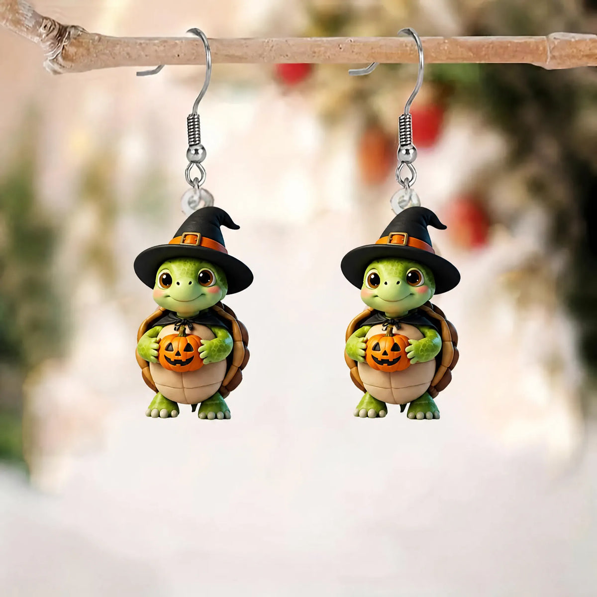 Cartoon Turtle Witch Cloak Holding Jack O Lantern Halloween Earrings