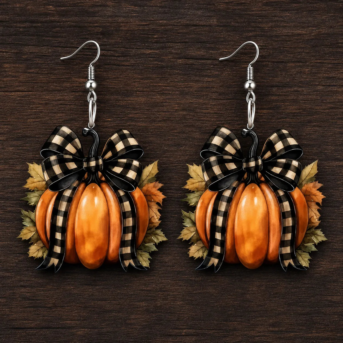Vintage Plaid Bow Pumpkin Drop Earrings