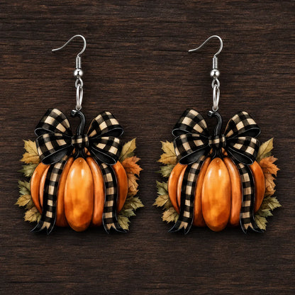 Vintage Plaid Bow Pumpkin Drop Earrings