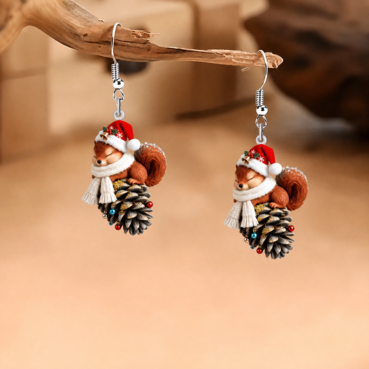 Squirrel On Pine Cone Christmas Earrings