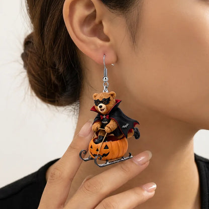 Vampire Bear Pumpkin Sled Halloween Earrings
