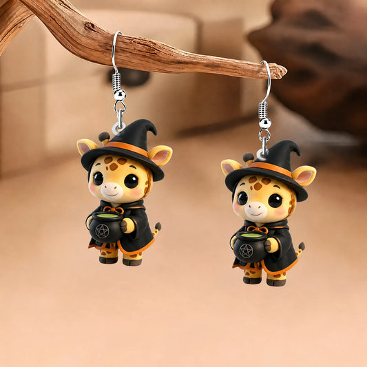 Cute Witch Giraffe With Magic Cauldron Halloween Earrings