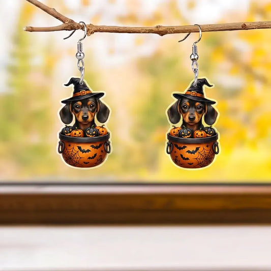 Halloween Dachshund Witch Cauldron Pumpkin Earrings