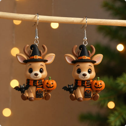 Cartoon Deer Witch Hat Bat Halloween Earrings