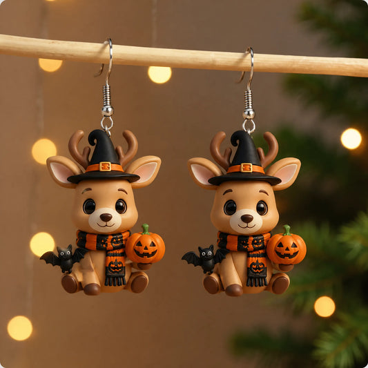 Cartoon Deer Witch Hat Bat Halloween Earrings