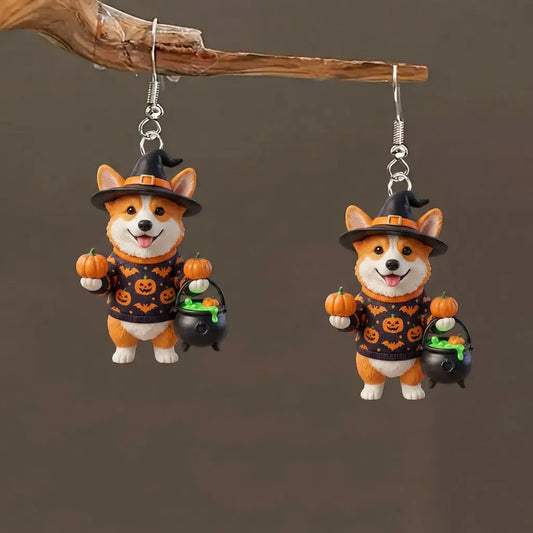 Corgi Puppy Bat Sweater Double Pumpkins Witch Cauldron Halloween Earrings
