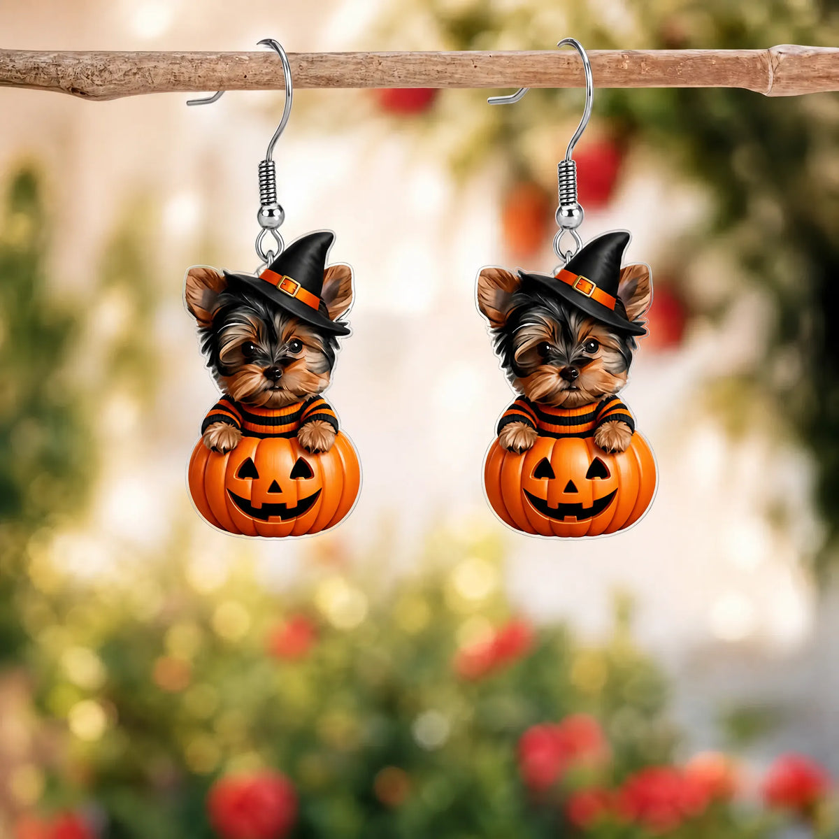 Yorkshire Terrier Puppy In Pumpkin Witch Hat Halloween Earrings