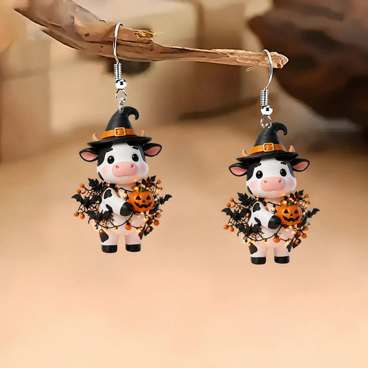 Black White Cow Witch Hat Pumpkin Bat Fairy Lights Halloween Earrings