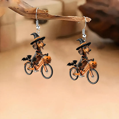 Dachshund On Bicycle Halloween Earrings