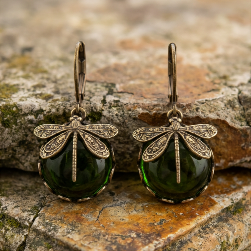 Spherical Dragonfly Earrings in Antique Gold