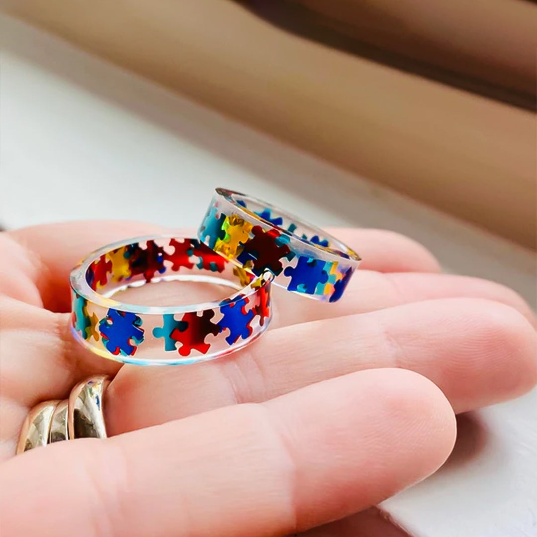 Autism Awareness-Transparent Resin Puzzle Ring - Shipped after 4 Weeks