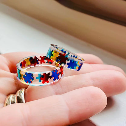 Autism Awareness-Transparent Resin Puzzle Ring - Shipped after 4 Weeks
