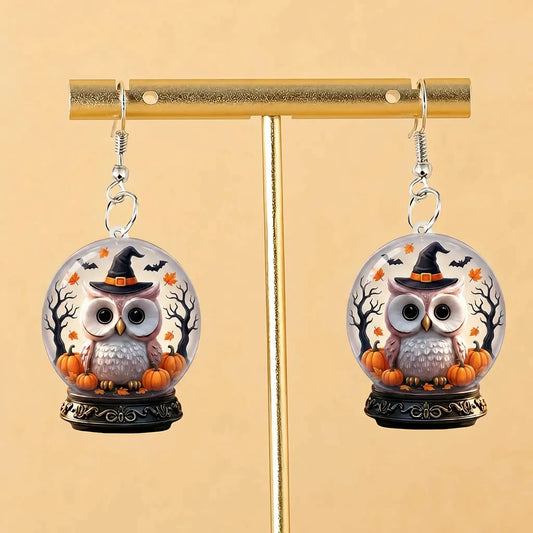 Witch Owl Snow Globe Pumpkin Bat Halloween Earrings