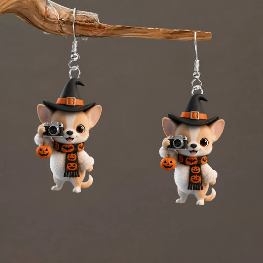Corgi Puppy Witch Hat Pumpkin Bat Scarf With Mini Camera Halloween Earrings