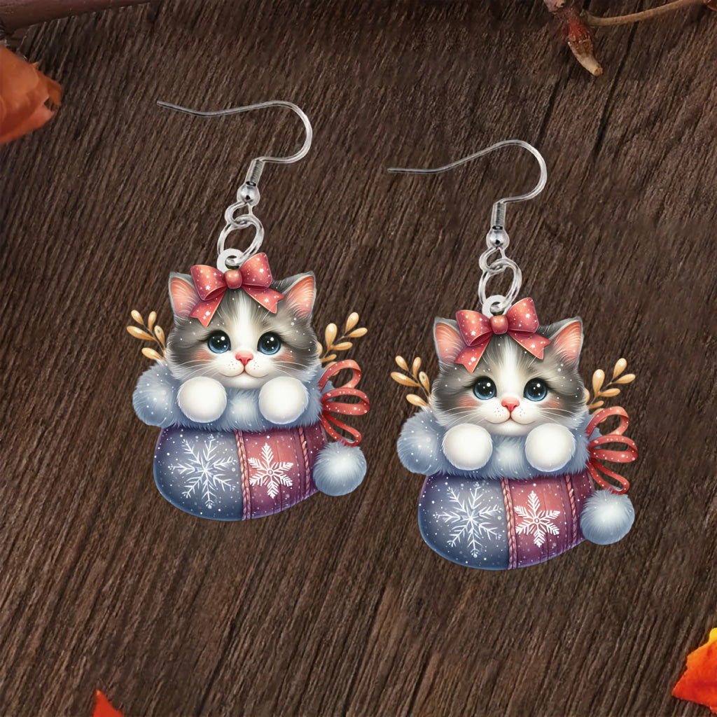 Christmas AcrylicCute Tabby Cat with Pink Bow & Snowflake Pattern Earrings