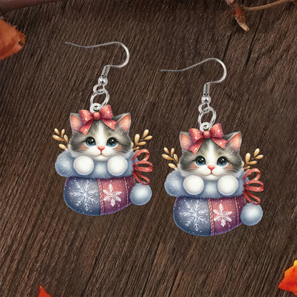 Christmas AcrylicCute Tabby Cat with Pink Bow & Snowflake Pattern Earrings