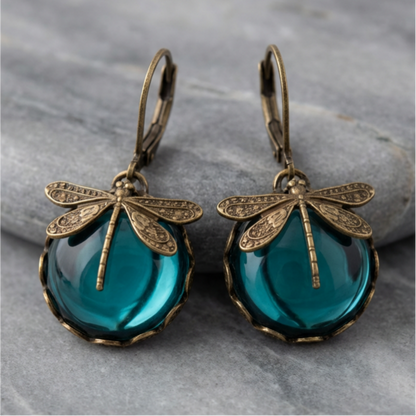 Spherical Dragonfly Earrings in Antique Gold