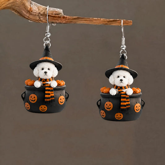 Poodle In Witch Cauldron Halloween Earrings