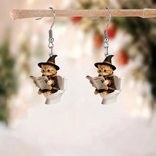 Funny Toilet Witch Cat Earrings