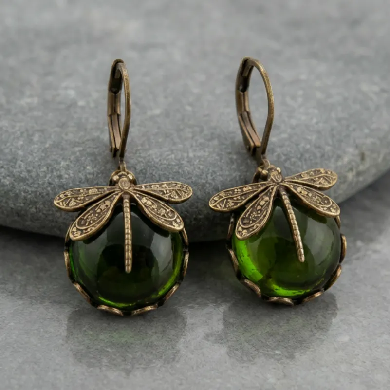 Spherical Dragonfly Earrings in Antique Gold