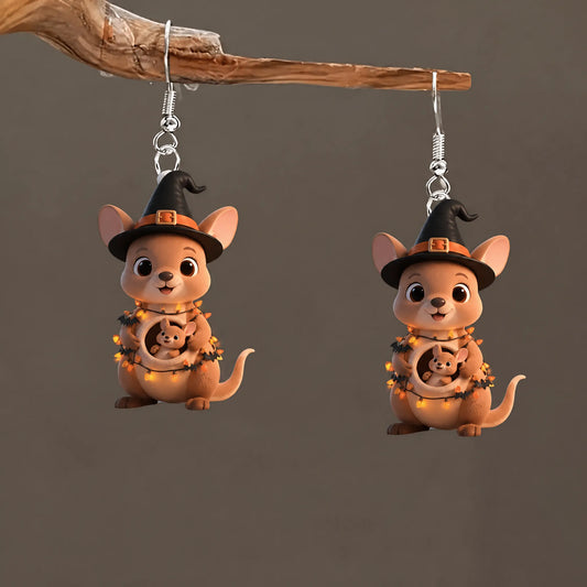 Mommy Kangaroo With Baby Joey Witch Hat Halloween Earrings
