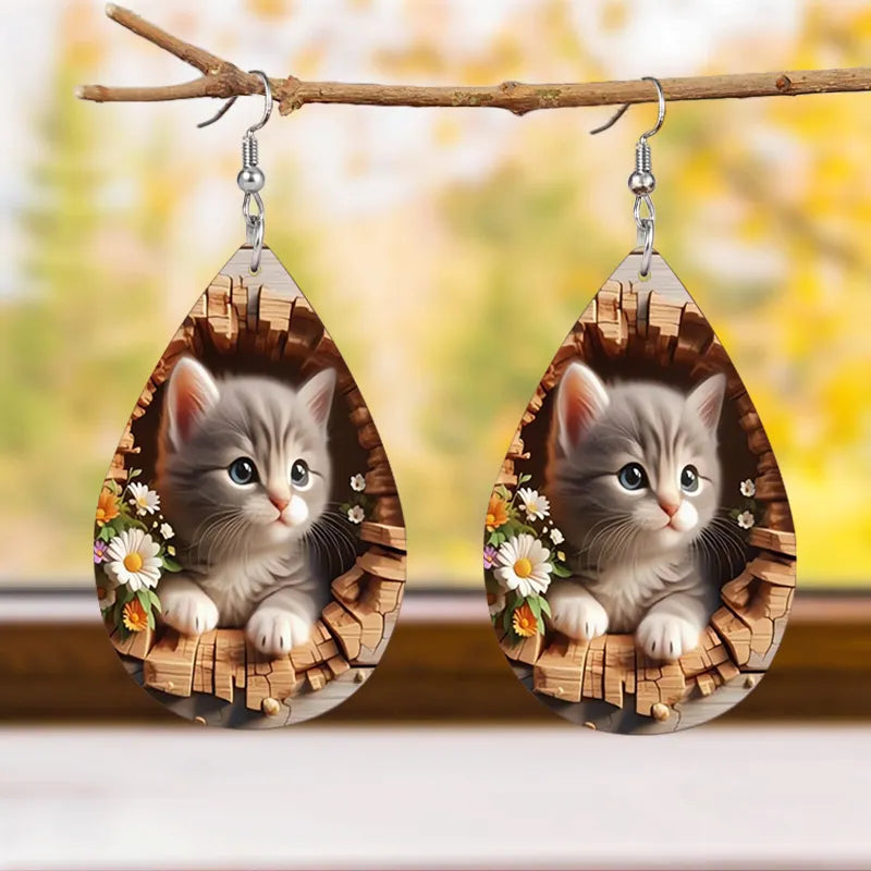 Charming Double-Sided Kitten & Flower Teardrop Earrings