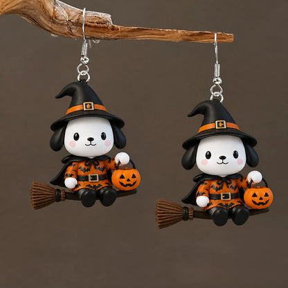 White Puppy Witch Cloak Bat Print Costume Halloween Earrings