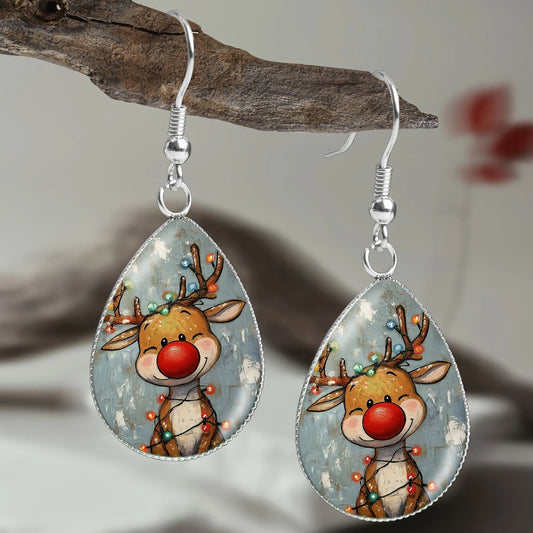 Christmas Cute Reindeer with Red Nose Teardrop Hanging Earrings