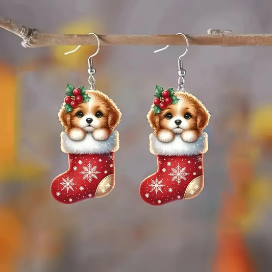 Elegant Cute Christmas Dog in Stocking Drop Earrings