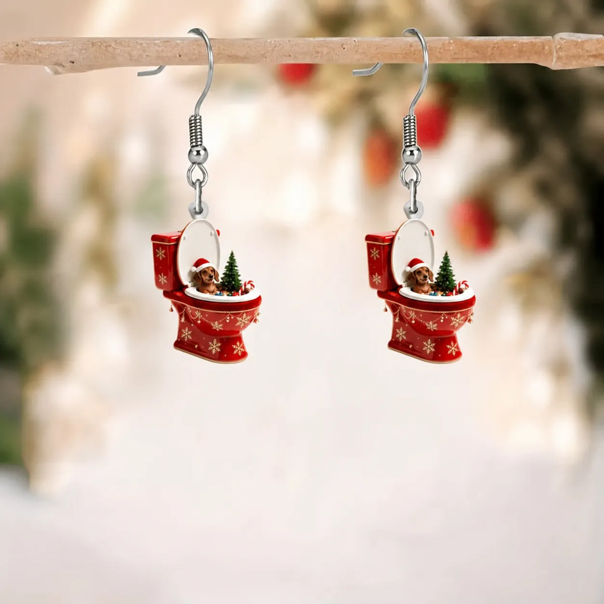 Funny Christmas Toilet Puppy Dangle Earrings