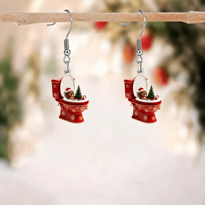 Funny Christmas Toilet Puppy Dangle Earrings
