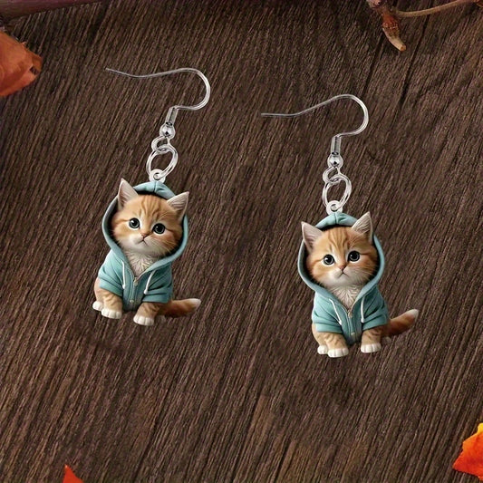 Blue Hoodie Cat Dangle Earrings