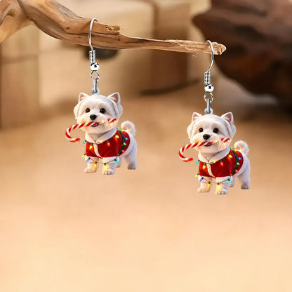 Maltese Dog Christmas Candy Cane Dangle Earrings