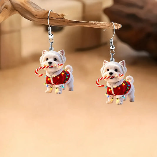 Maltese Dog Christmas Candy Cane Dangle Earrings