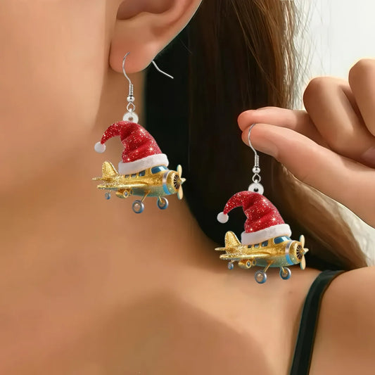 Christmas Airplane & Santa Hat Dangle Earrings