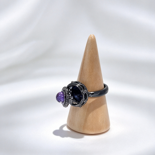 Gothic Openable Locket Ring, Natural Round Amethyst, Gunmetal Vintage Keepsake Ring for Fragrance, Notes & Memorial Treasures