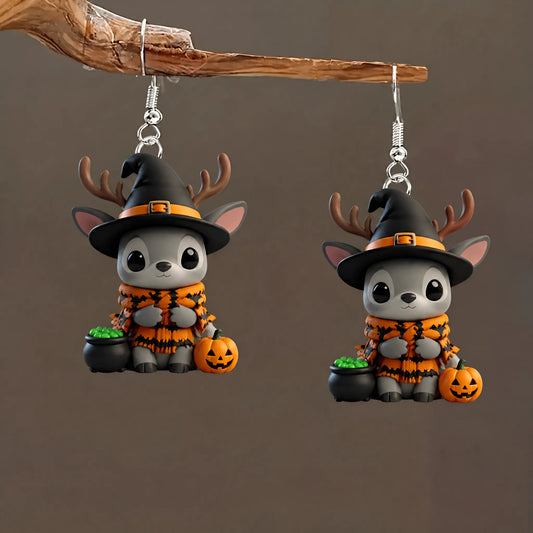 Cartoon Deer Bat Print Shawl Witch Cauldron Pumpkin Halloween Earrings