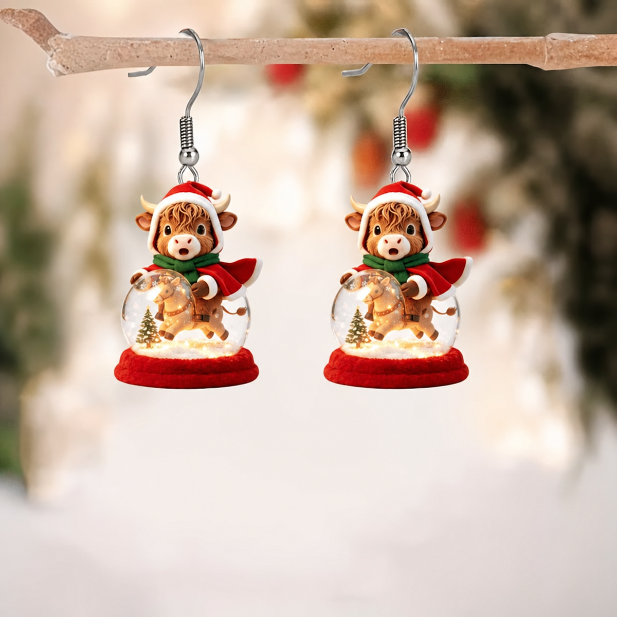 Highland Cow Christmas Snow Globe Dangle Earrings