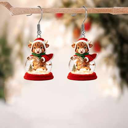 Highland Cow Christmas Snow Globe Dangle Earrings