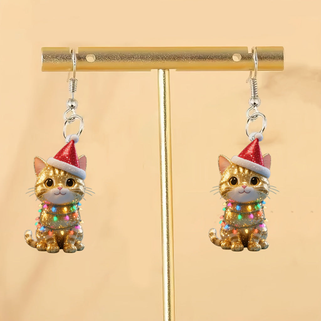 Christmas Kitten Earrings with Santa Hats & Rainbow Accents