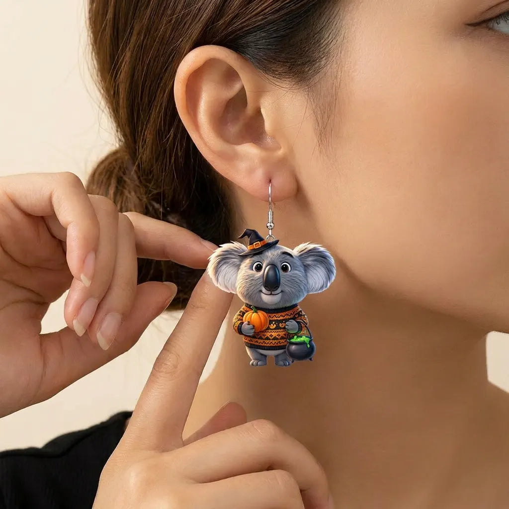 Cartoon Koala Witch Sweater Pumpkin Cauldron Halloween Earrings