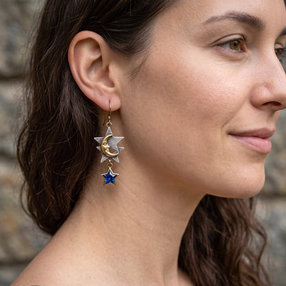 Vintage Two?\Tone Moon Star Dangle Earrings